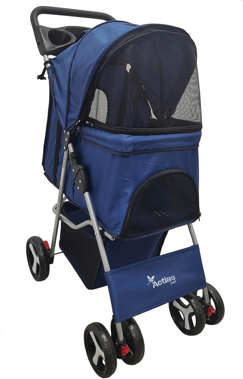 Pet Travel Stroller Dog Cat Pushchair Foldable Swivel Wheels 15kg Navy Blue