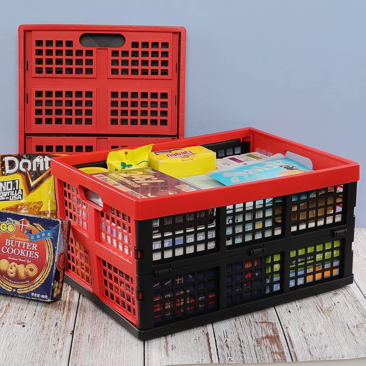 4 Pack 32L Folding Plastic Storage Crates Stackable 44.5x33.6x23cm Red