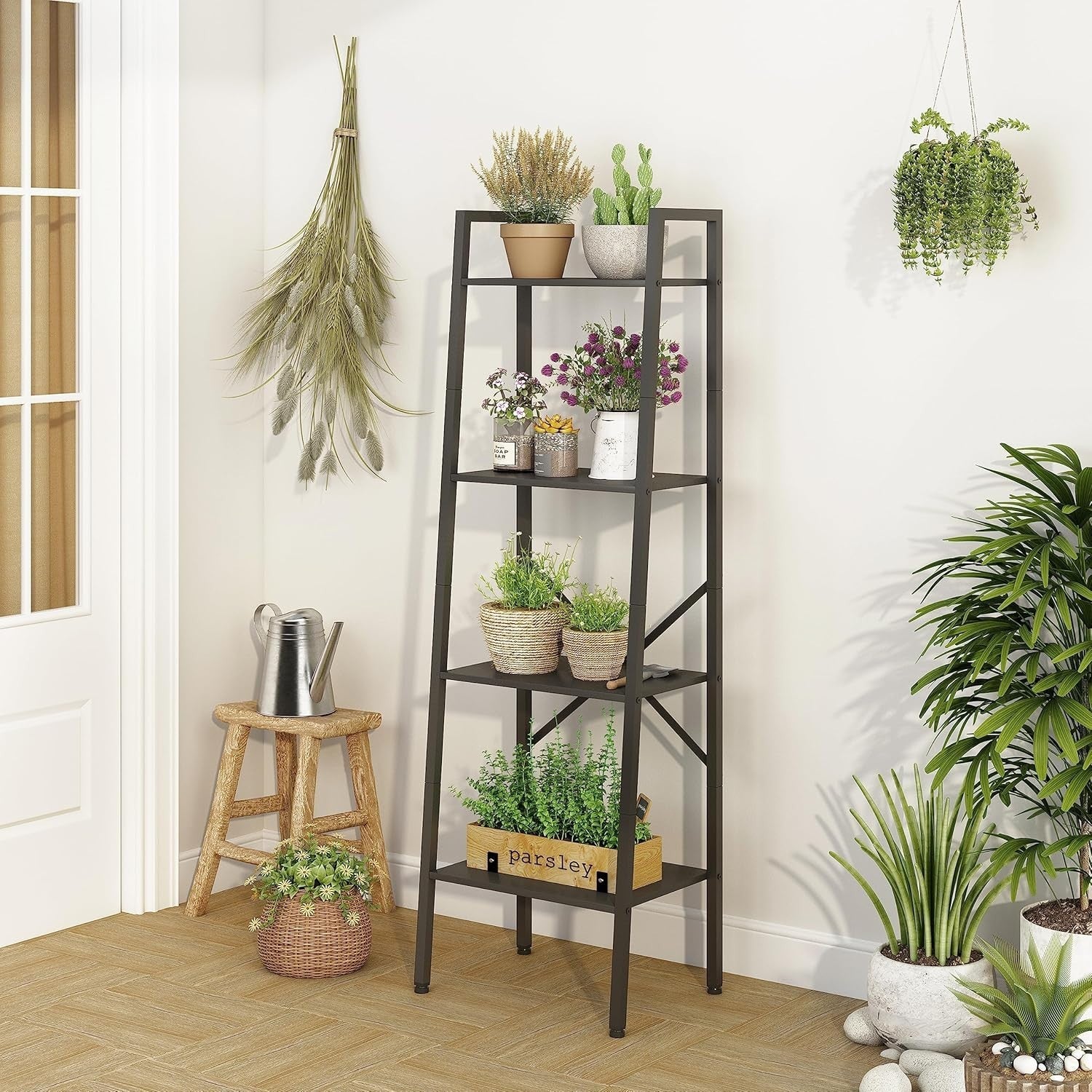 Industrial Ladder Bookshelf 4 Tier Tall Narrow Storage Shelf Metal Frame