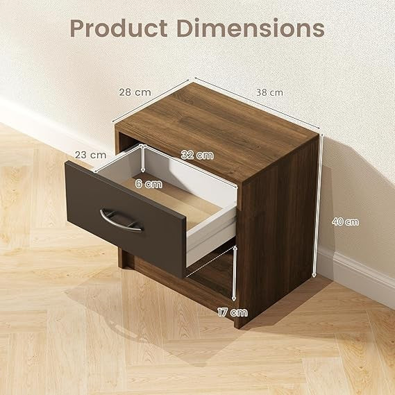 Modern Brown Bedside Table with Drawer & Open Shelf | Compact Nightstand