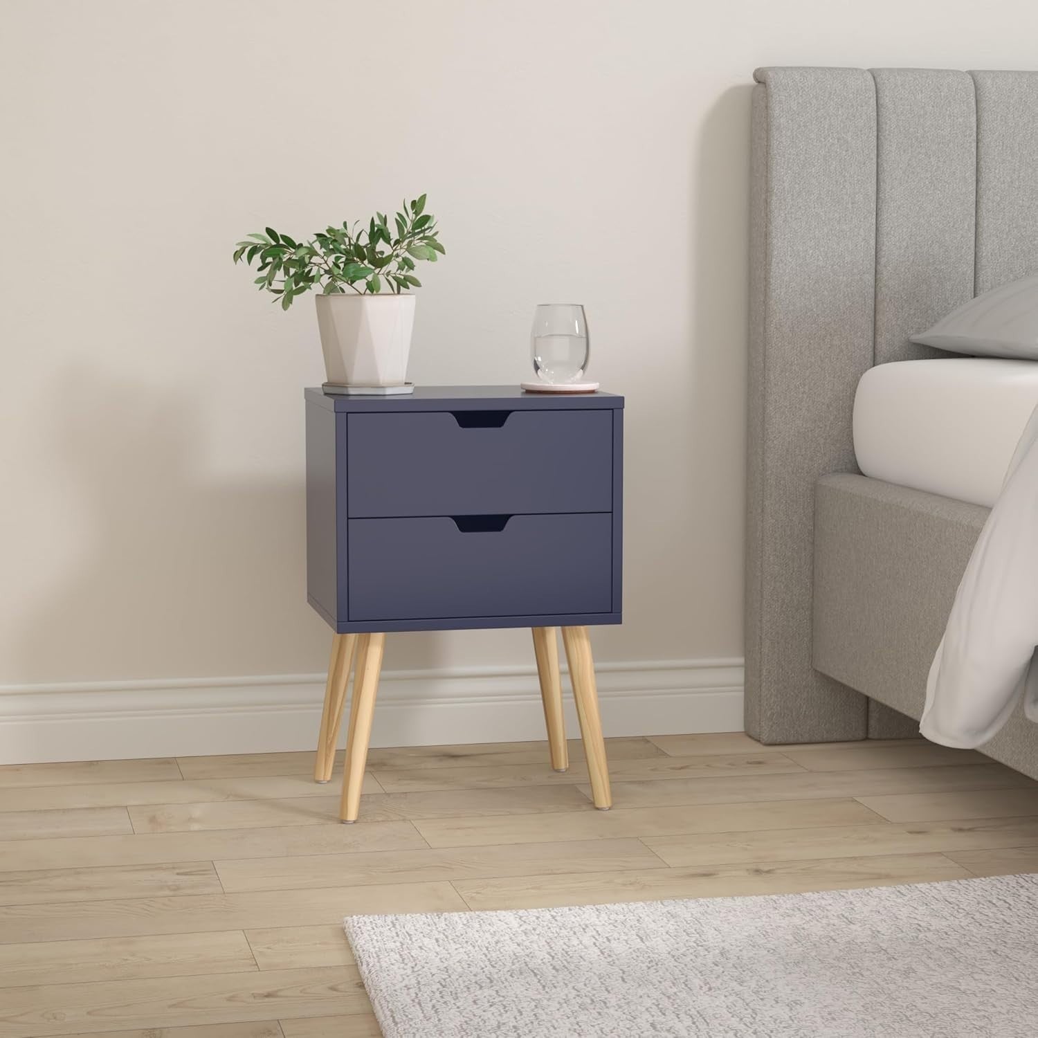 Set of 2 Blue Bedside Tables with 2 Drawers & Pine Legs | Scandinavian