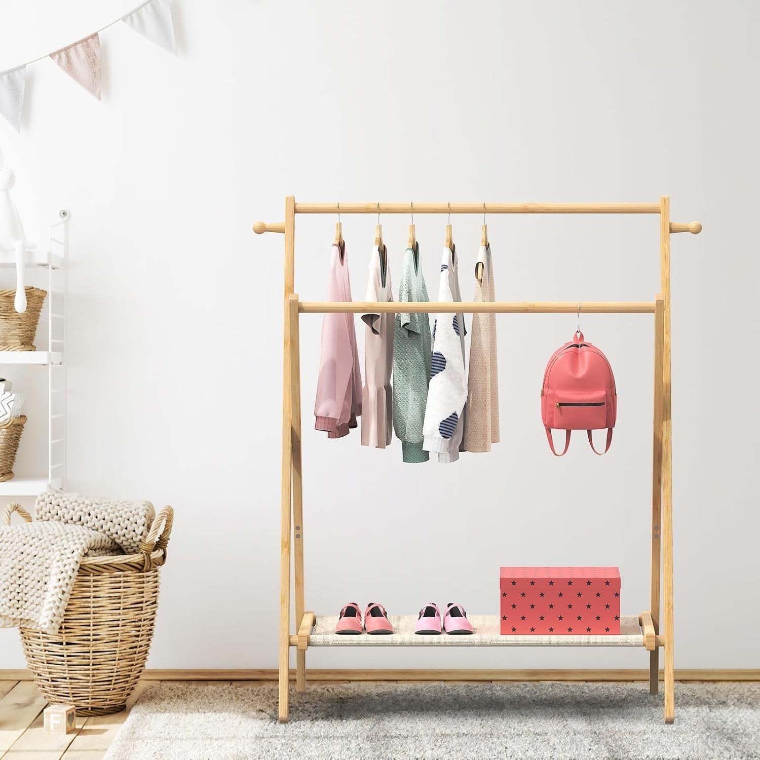 Bamboo Kids Clothing Rack Regular Size Foldable Dress Up Rail with Shelf