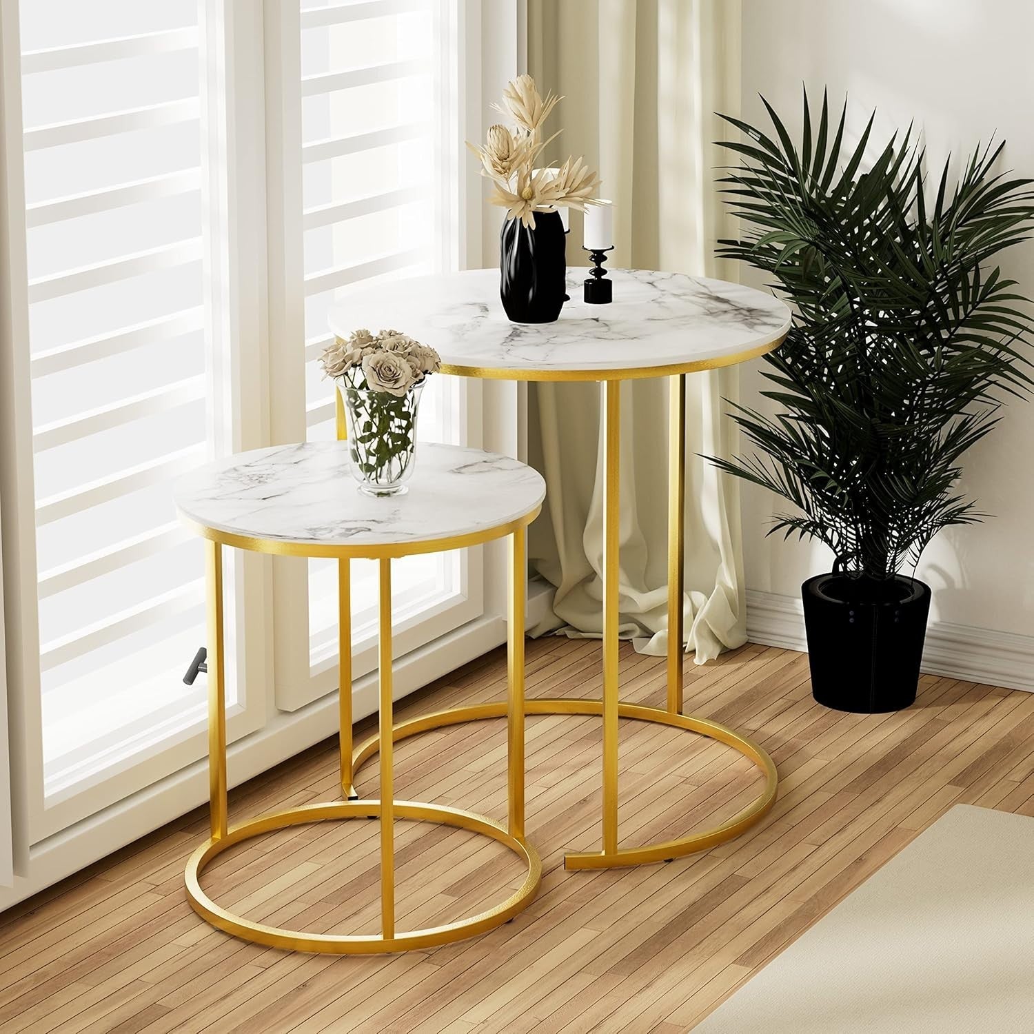 Gold Faux Marble Nesting Coffee Table Set 2 Round End Side Tables Storage