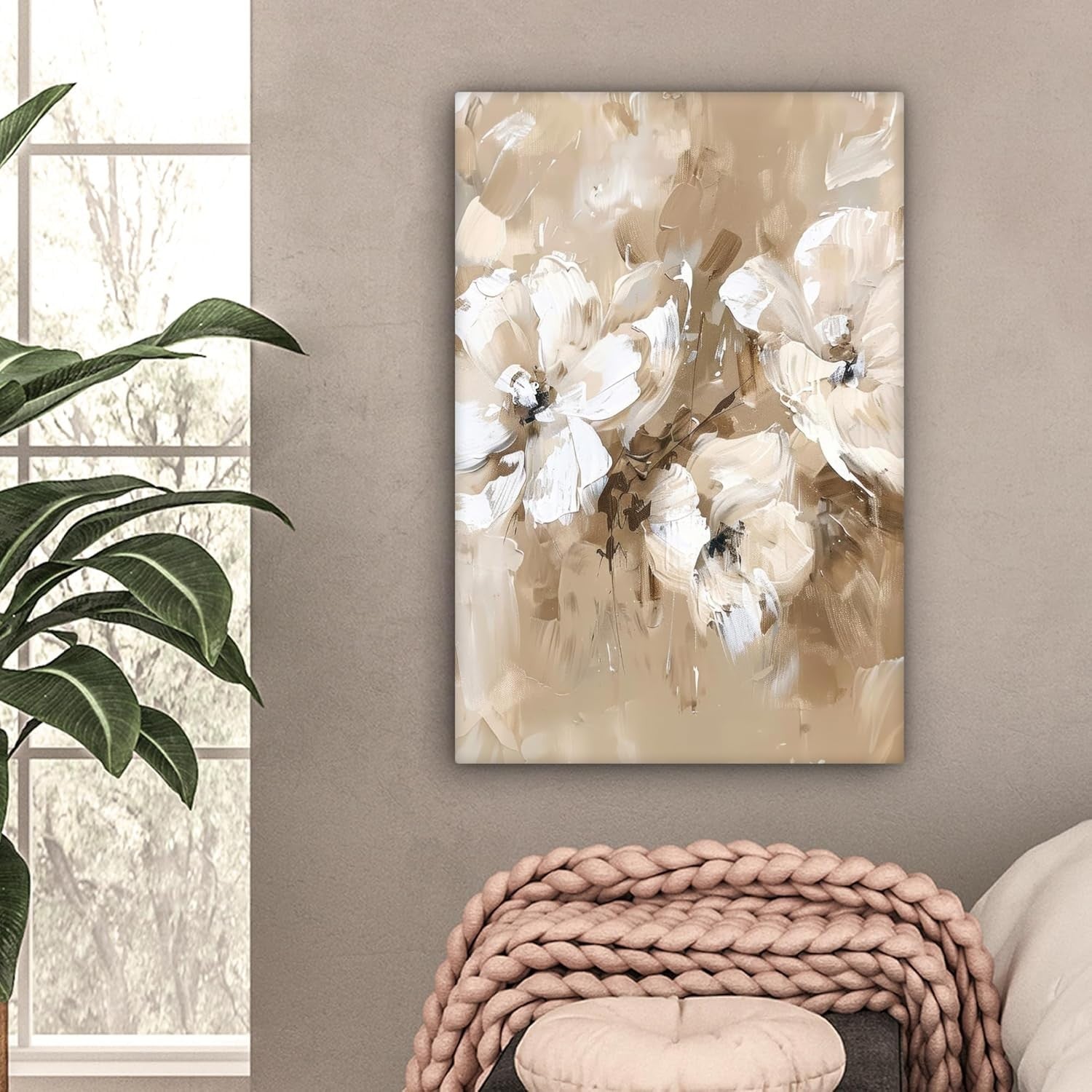 Beige Watercolour Floral Canvas Wall Art 40x60cm Framed