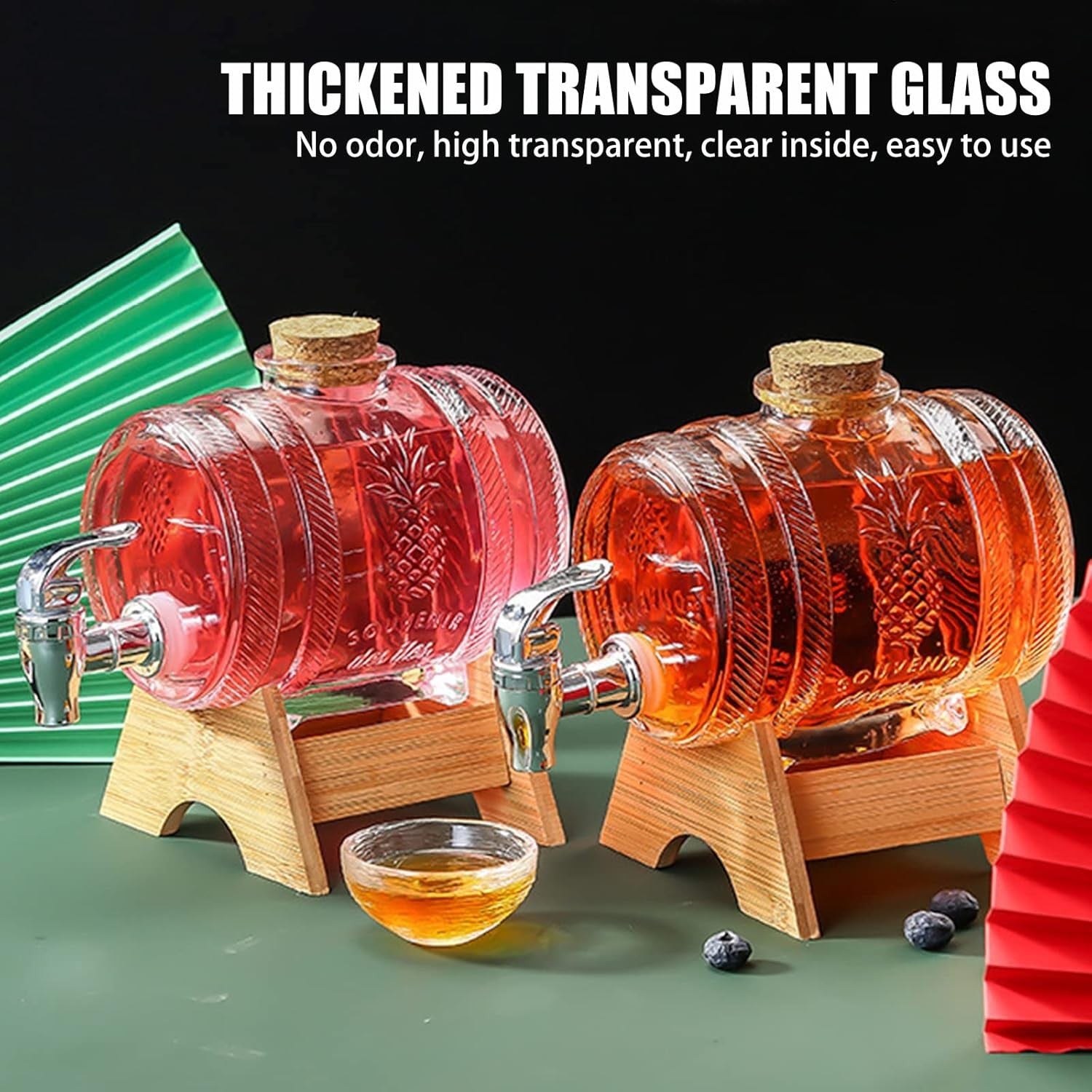 Luxury 1L Barrel Glass Drink Dispenser with Tap & Wooden Stand | Whiskey Beer Ju