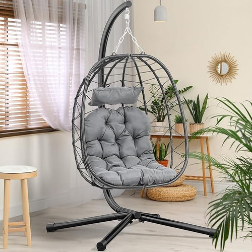 Luxury Rattan Egg Chair with Stand Outdoor Indoor Swing Seat Cushions 195cm