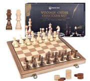 39cm Wooden Magnetic Chess Set 2-in-1 Folding Chess & Checkers Board