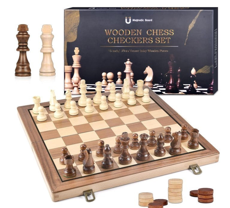 39cm Wooden Magnetic Chess Set 2-in-1 Folding Chess & Checkers Board