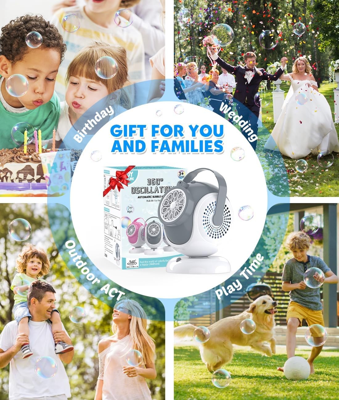 Rechargeable Bubble Machine 360 Rotation 10 Wand Portable