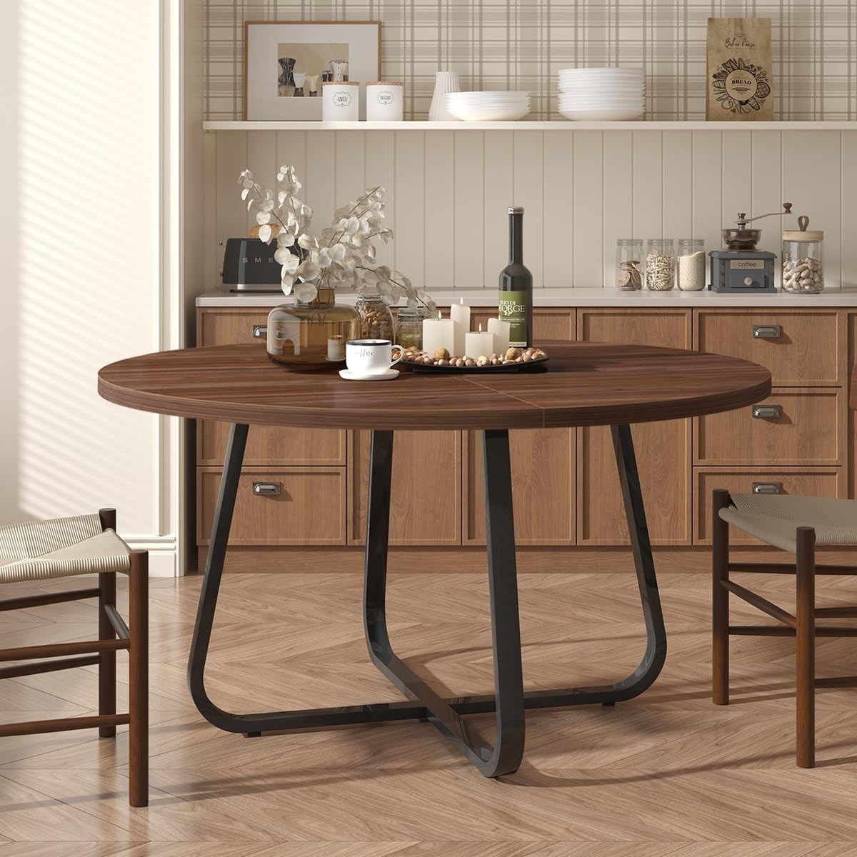 Round Walnut Dining Table 4-6 Seater Wood Metal Kitchen Home 130cm