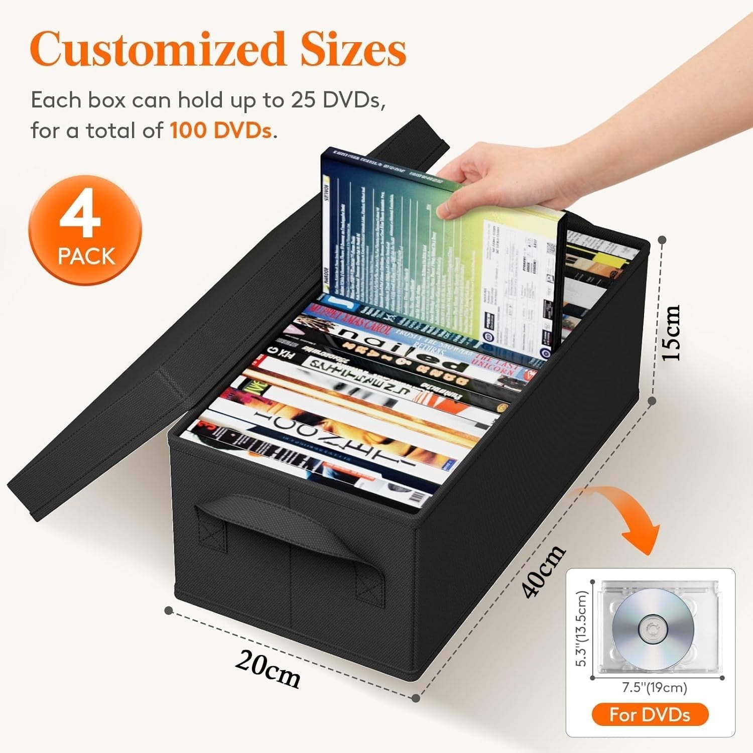 4 Pack DVD Storage Boxes with Lids Stackable Organizer Holds 200 DVDs