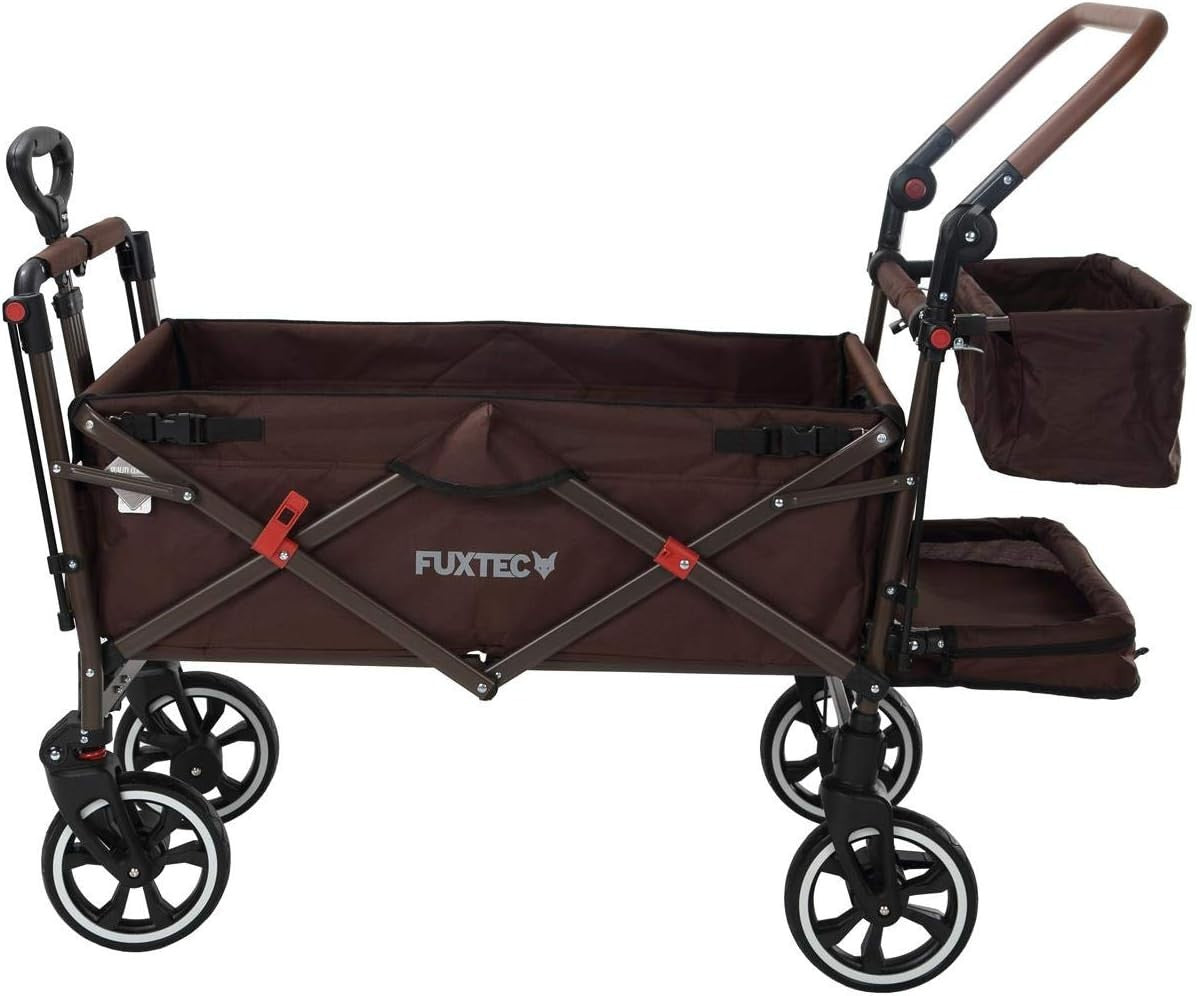 Brown Folding Stroller Wagon Kids Push Pull Cart w/ Canopy & Safety Harness