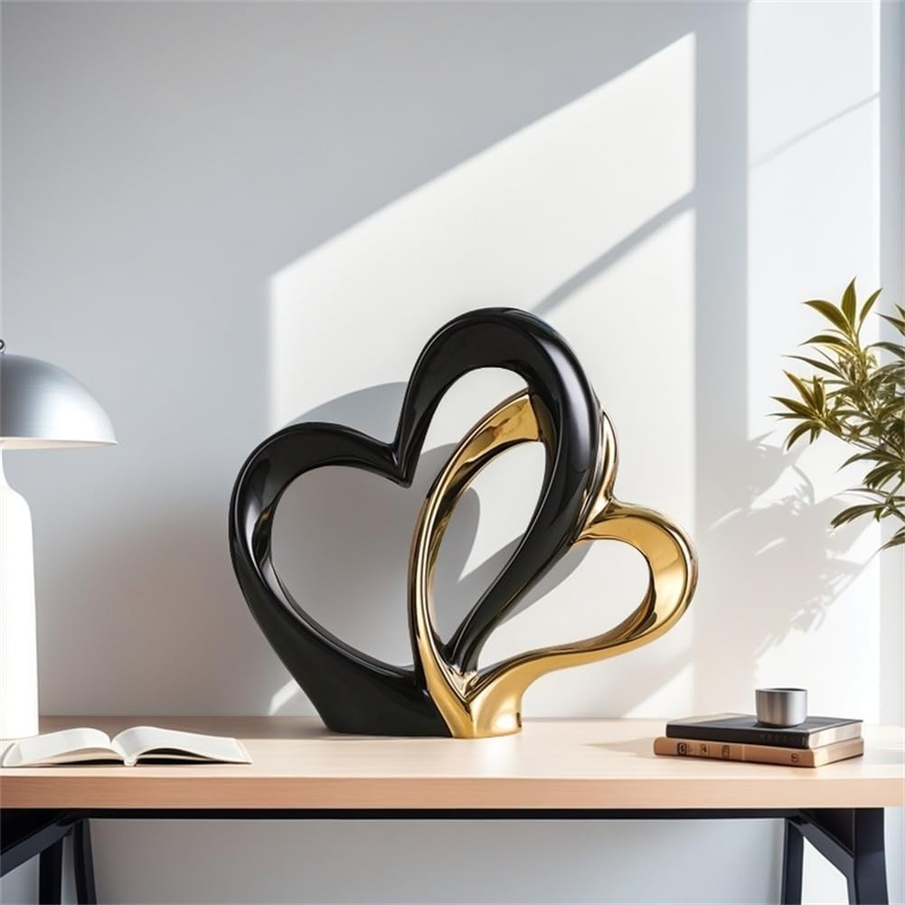 Modern Double Heart Ceramic Sculpture • Black & Gold Romantic Home Decor Gift