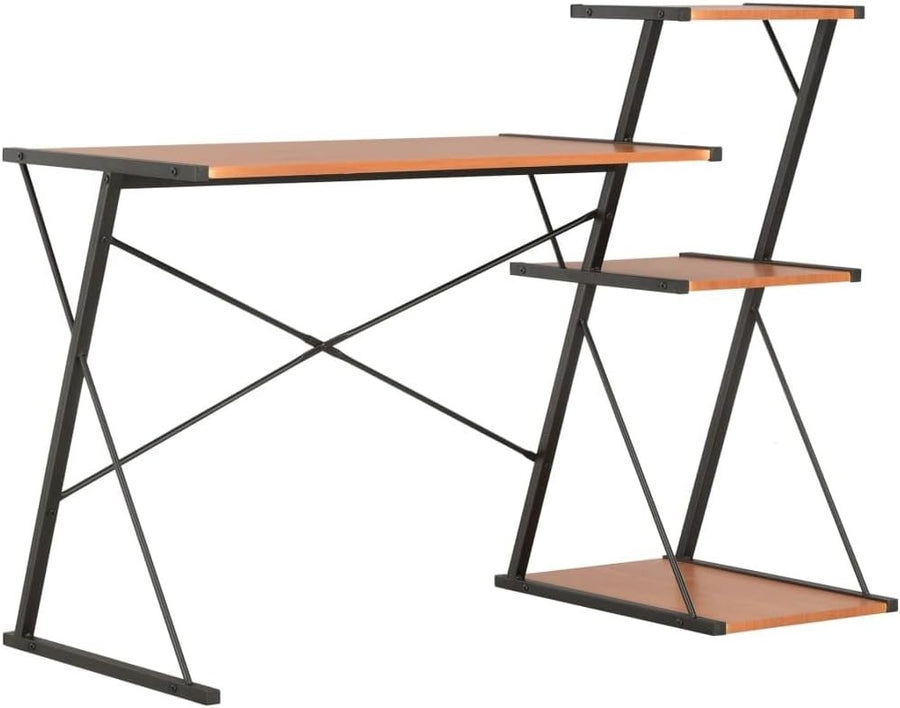 Z-Shaped Computer Desk with 3 Shelves 116x50x93cm, Black+Brown Home Office Table
