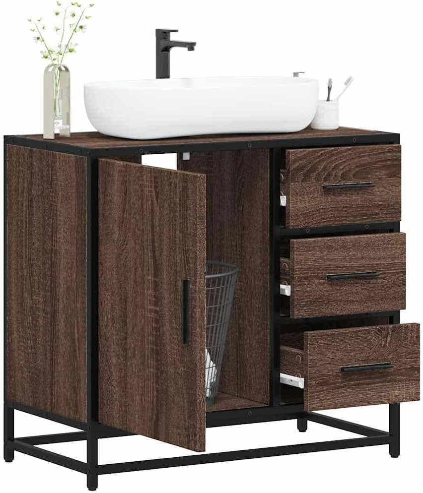 Brown Oak Bathroom Sink Cabinet Industrial Vanity Storage Unit 65x33x60cm