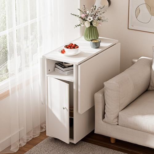 White Folding Drop Leaf Dining Table with Storage Drawer Shelves Space Saving