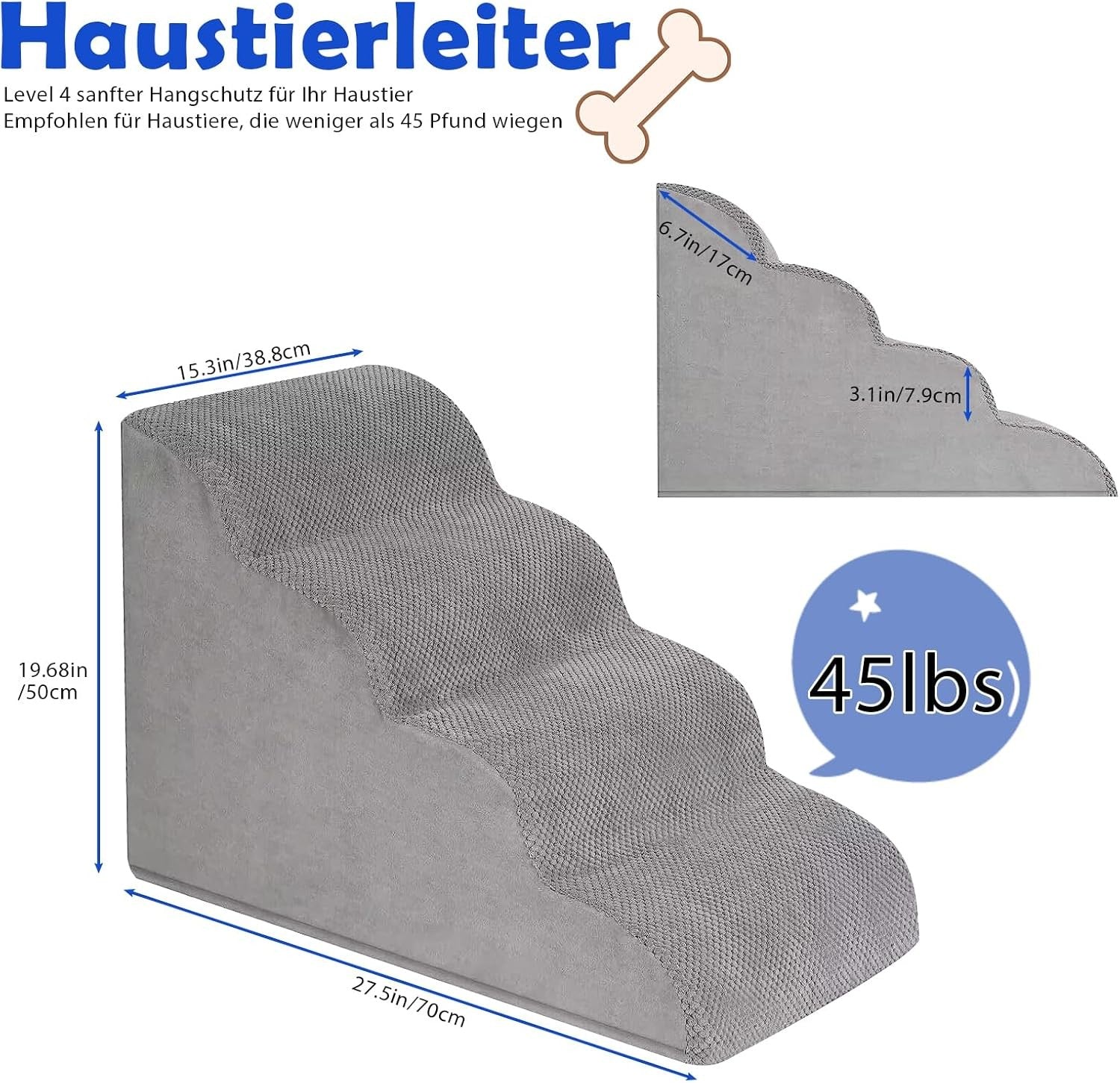 4 Step Dog Stairs Extra Tall Foam Pet Ramp Non Slip Grey