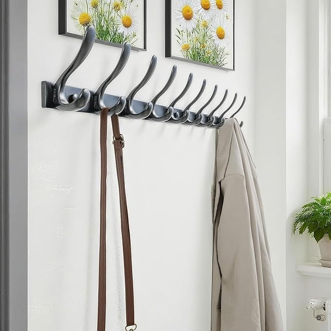 Black Wall Mounted Coat Rack 94cm | 10 Heavy Duty Metal Double Hooks for Coats