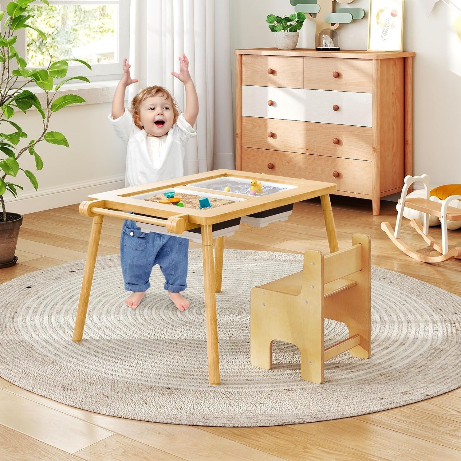 Kids Sensory Table & Chair Set with Sand, Water Bins, Paper Roll & Storage