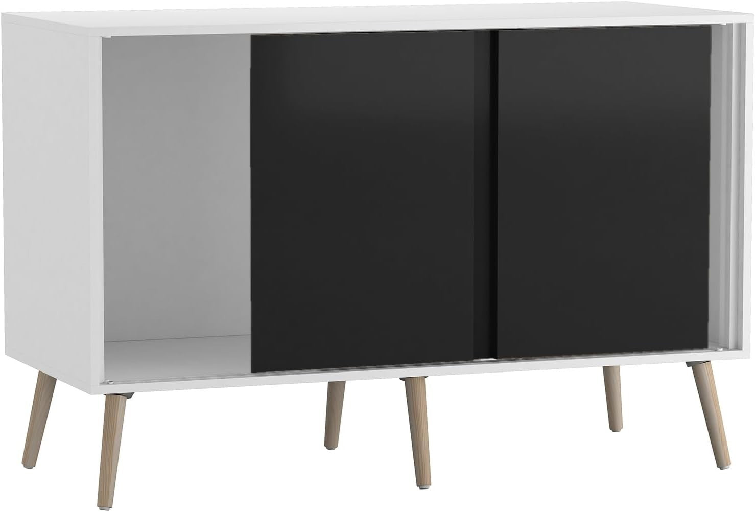 Modern White Sideboard Sliding Doors Storage Unit Black Front Beech Legs