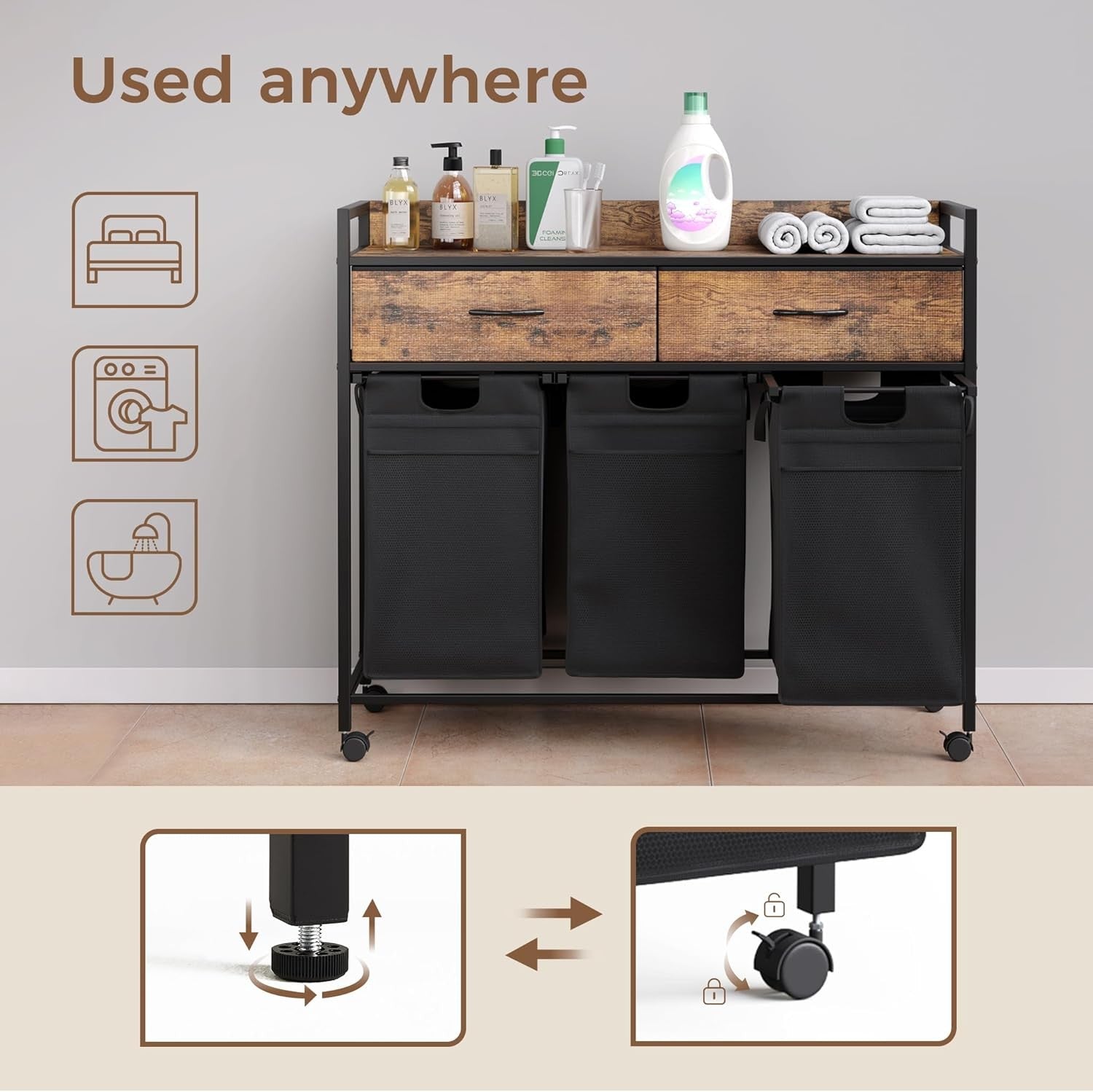 3 Compartment Laundry Sorter on Wheels with Drawers Rustic Brown Black 106cm