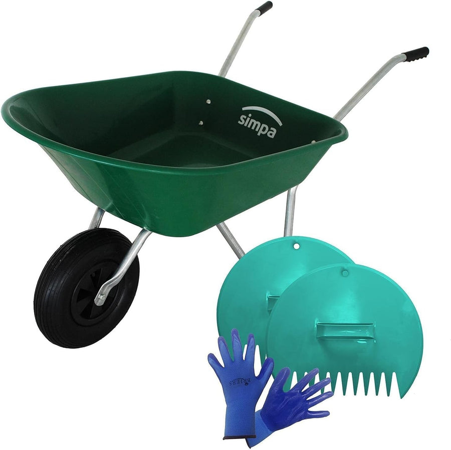 85L Pneumatic Wheelbarrow – Green Plastic w/ Leaf Scoop & Gloves Set Lightweight