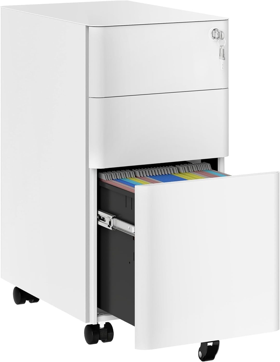 White 3 Drawer Lockable Metal File Cabinet 30x45x61cm Slim