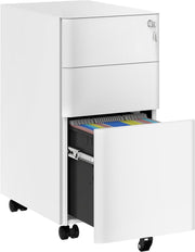 White 3 Drawer Lockable Metal File Cabinet 30x45x61cm Slim