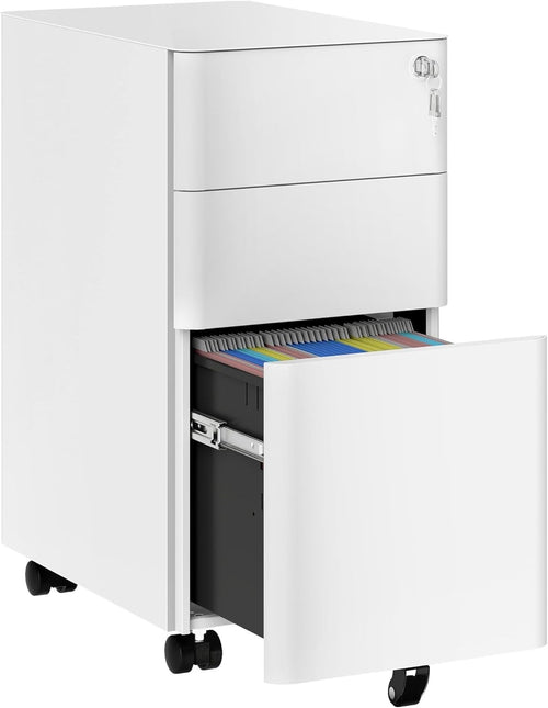 White 3 Drawer Lockable Metal File Cabinet 30x45x61cm Slim
