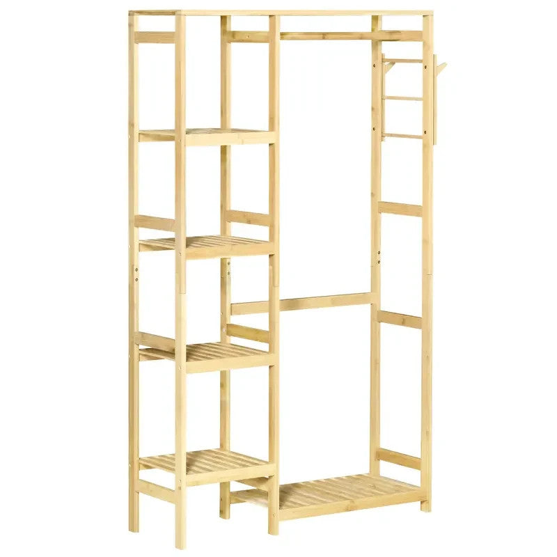 Bamboo Garment Rack with Hanging Rail & Shelves | Clothes Stand & Hooks