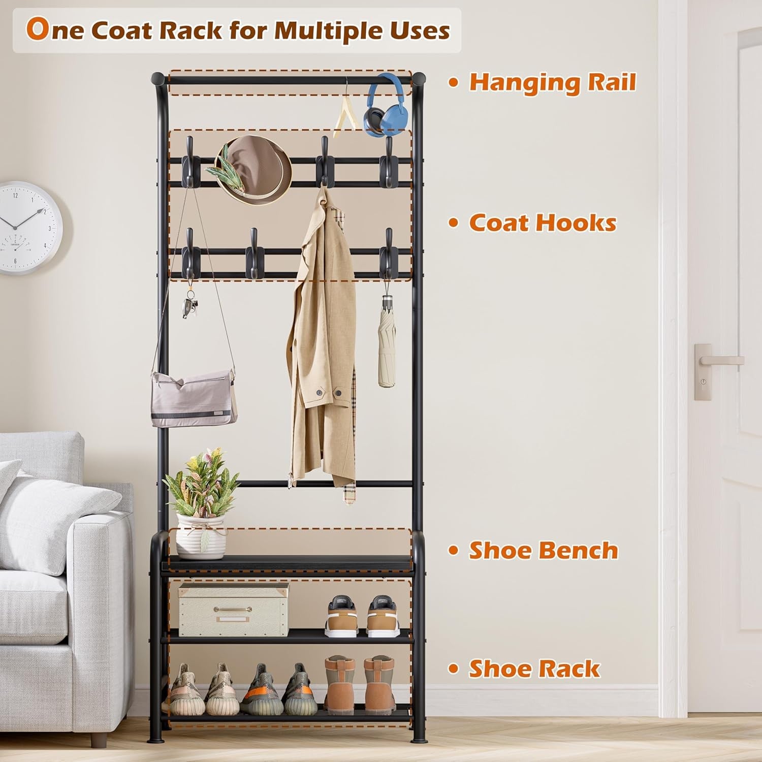 Coat Rack with Shoe Bench 4-in-1 Hall Tree 182cm Black Metal Frame Storage