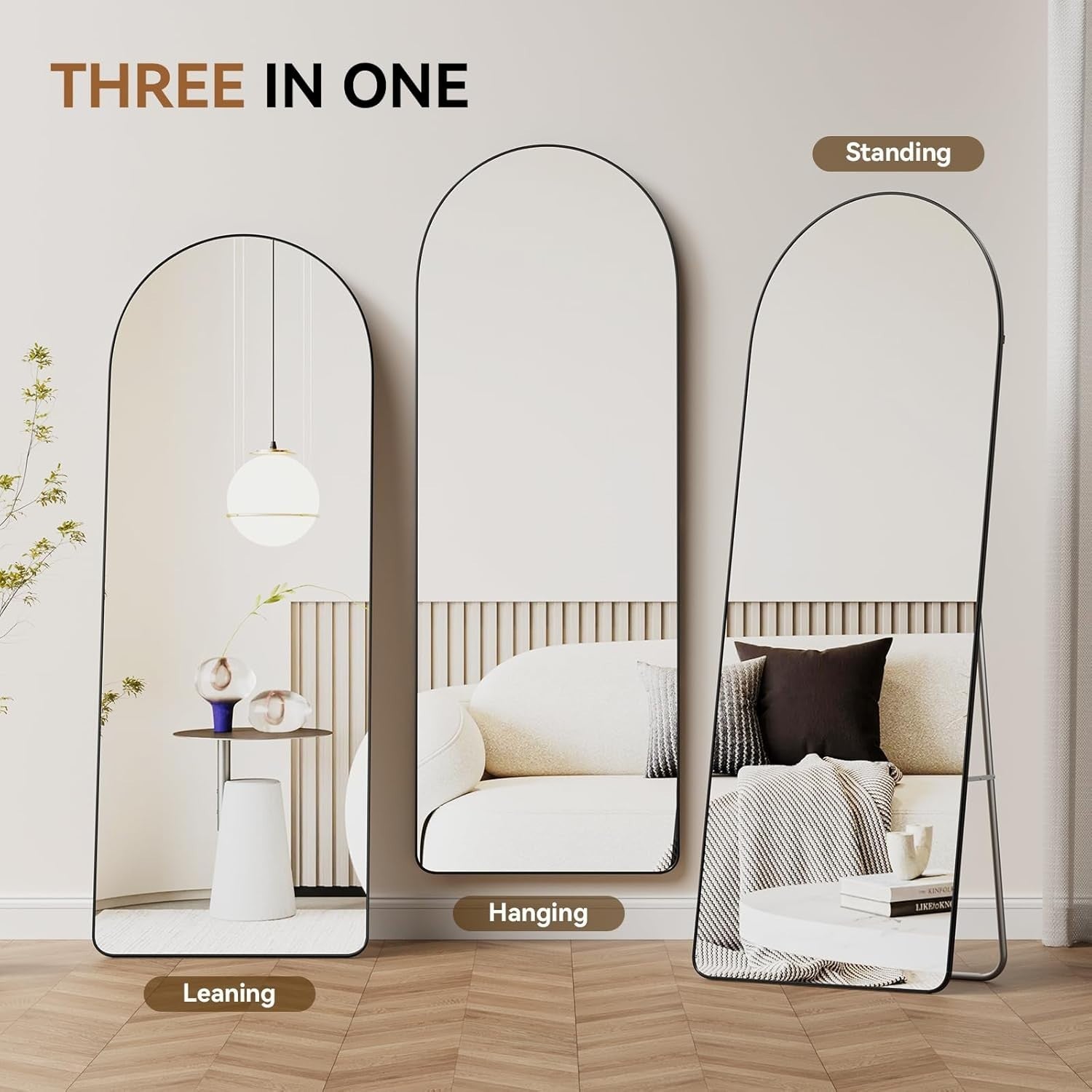 Large Arch Floor Mirror 165x60cm Leaning Full Body Wall Mirror Black Frame