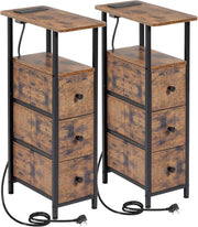 Slim Rustic Bedside Tables Set of 2 with Charging Station & Storage Drawers