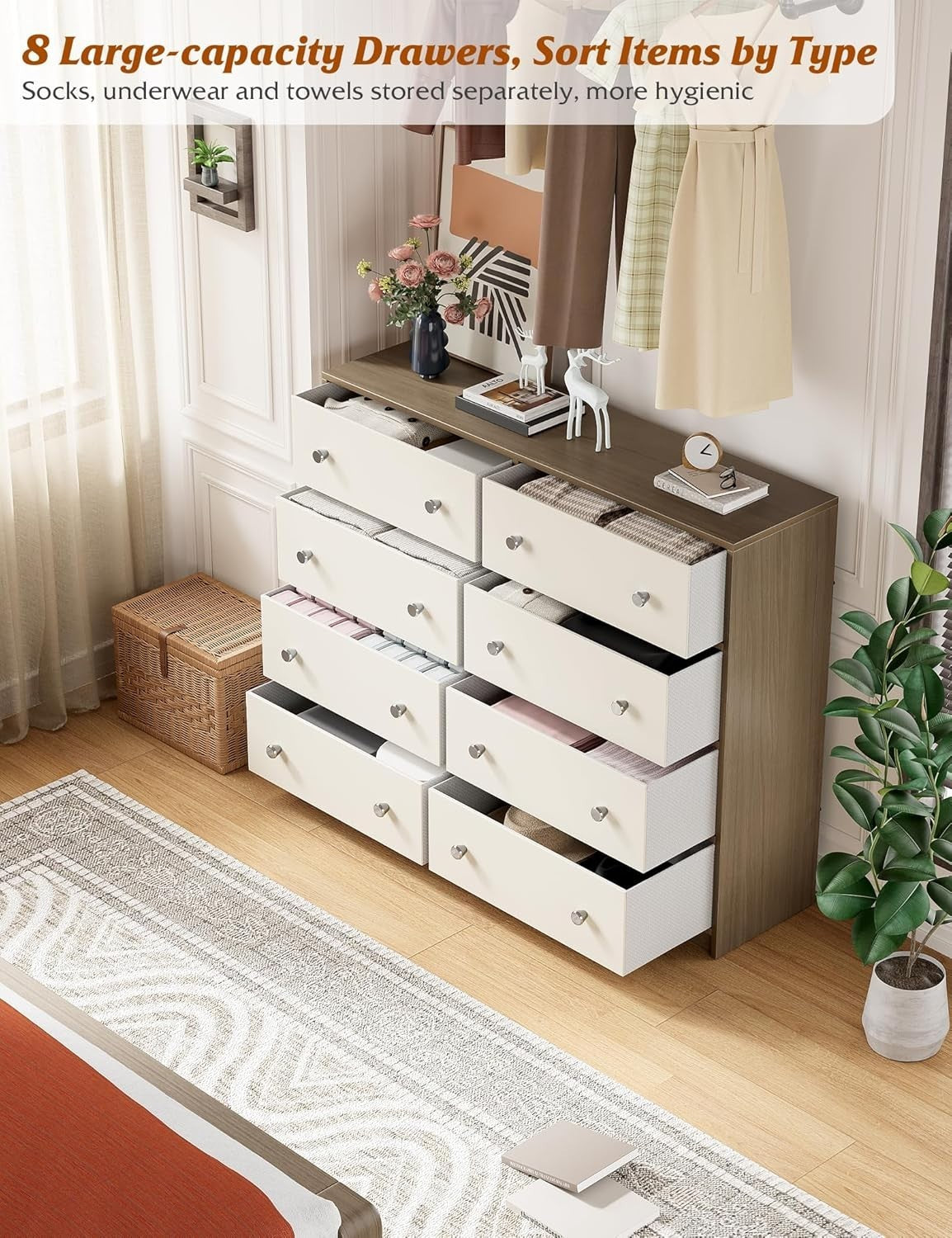 8 Drawer Fabric Chest Storage Unit White Wood Modern Bedroom Cabinet