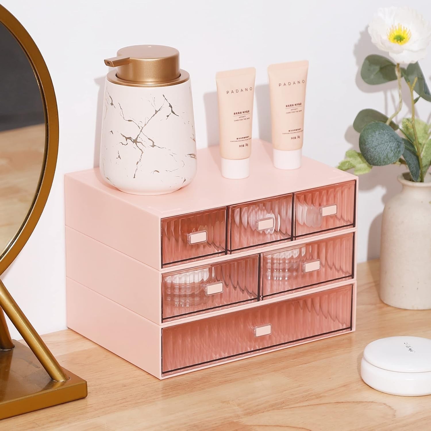 3 Tier Desk Organizer 6 Clear Drawers Stackable Makeup Office Pink