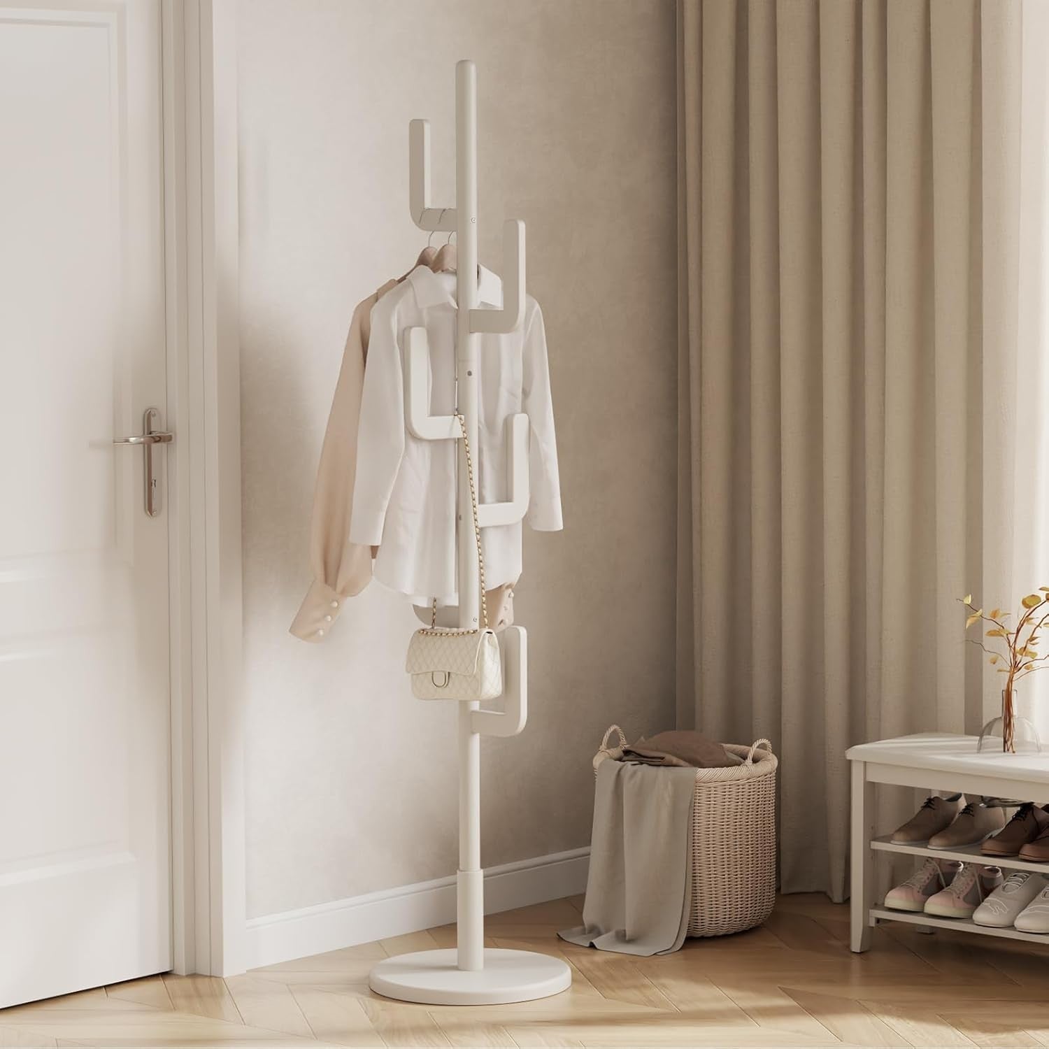 White Wooden Coat Rack 6 Hooks Cactus Design Freestanding Hall Tree Stand