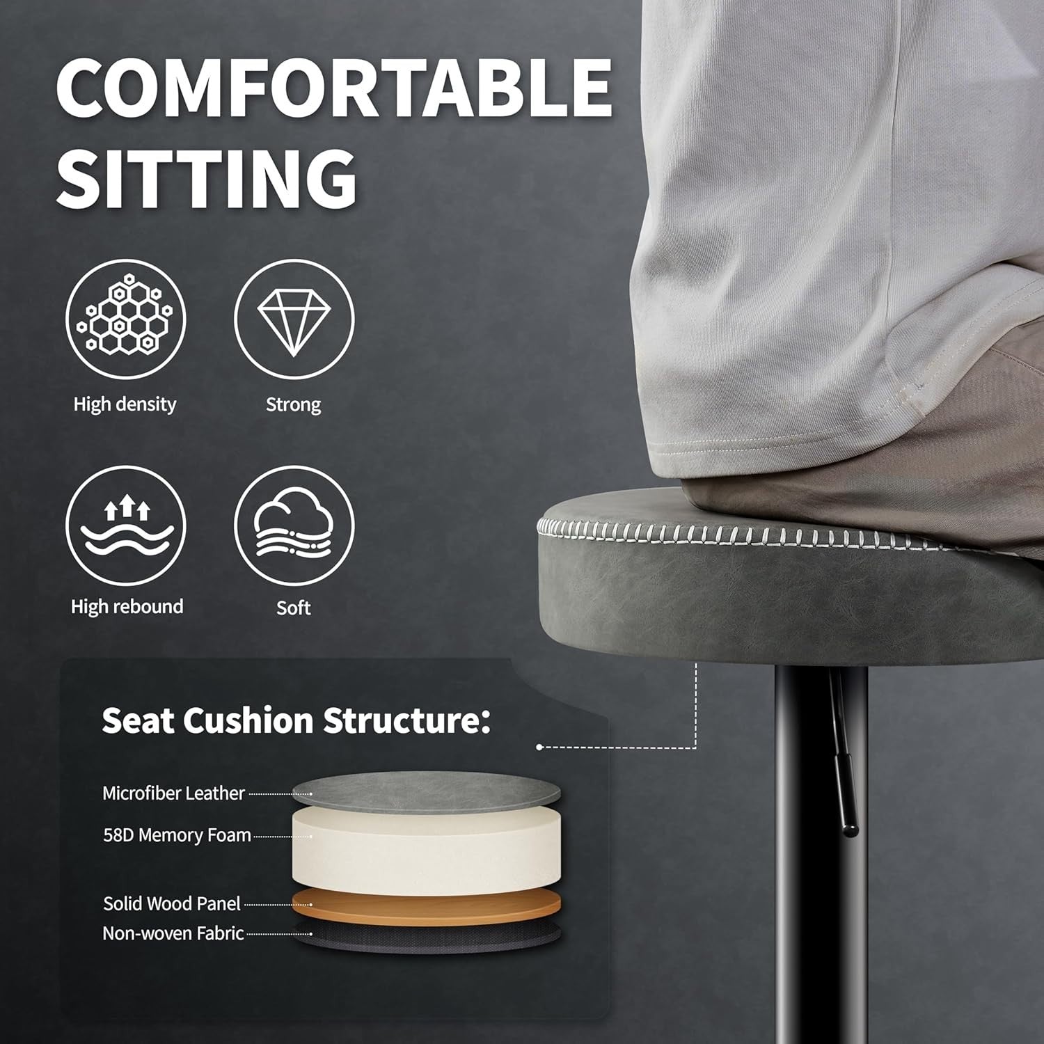 Adjustable Grey Bar Stools Set of 2 Swivel Faux Leather 36x36x85.5cm