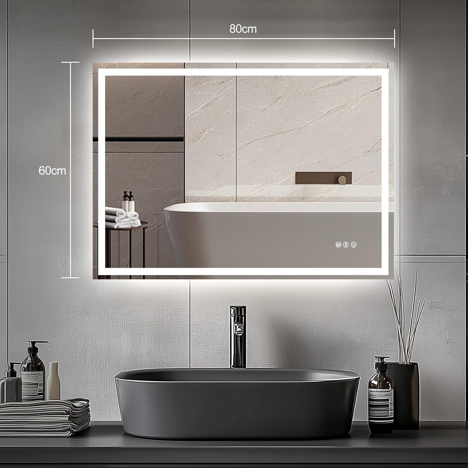 LED Bluetooth Bathroom Mirror 80x60cm Anti-Fog Dimmable Touch Light