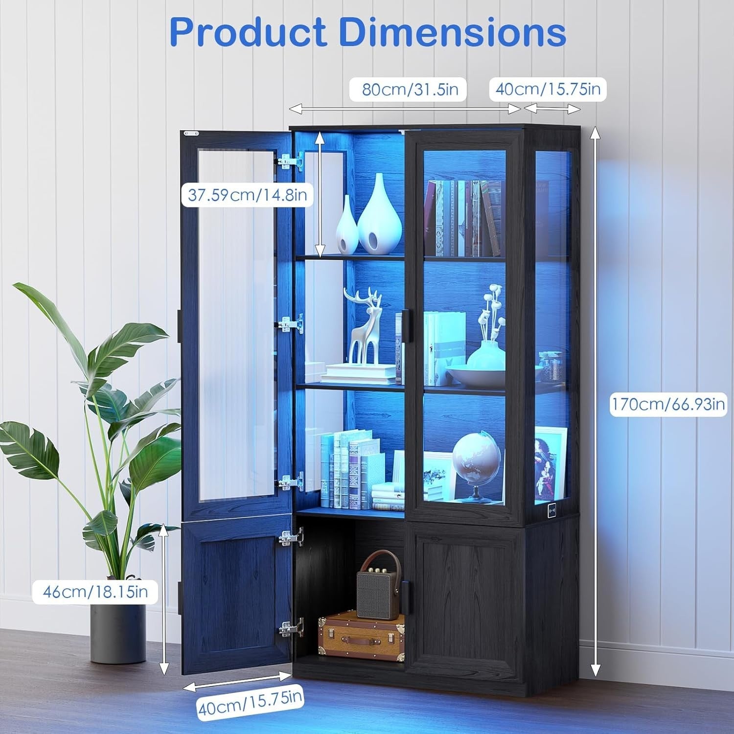 Glass Display Cabinet w/ Lights, Lockable Doors, 3-Tier Storage Unit