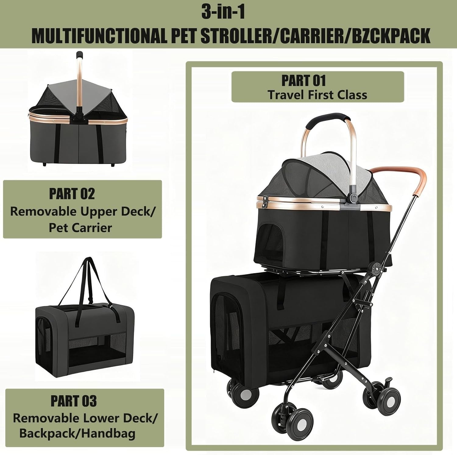2 Tier Dog Stroller Folding Pet Pushchair 10kg Travel Pram Mesh 4 Wheels