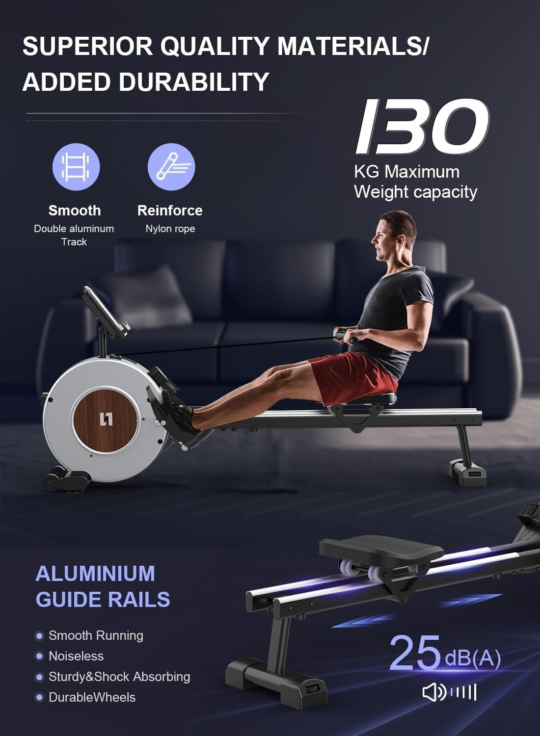 Magnetic Rowing Machine 16-Level Quiet Resistance Dual Rail LCD App 130KG