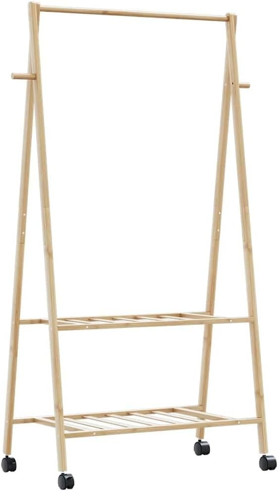 Bamboo Clothes Rack with Shelves & Wheels – Foldable – Brown
