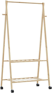 Bamboo Clothes Rack with Shelves & Wheels – Foldable – Brown