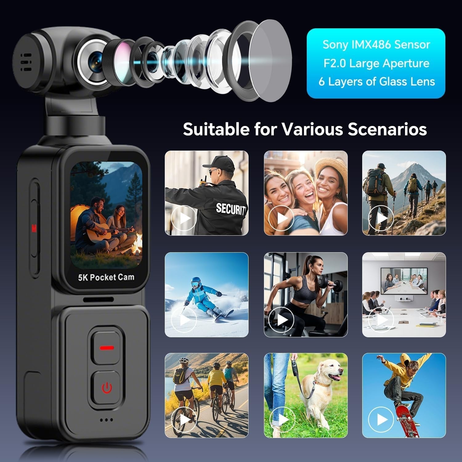 5K Body Camera Face Tracking POV Action Cam w/64GB Rotating Lens