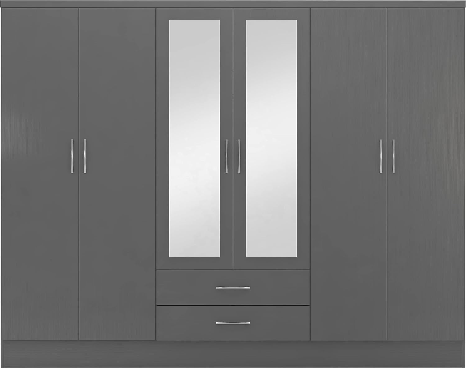 Modern 6-Door Grey Wardrobe with 2 Drawers & Mirror | Spacious, Durable Storage