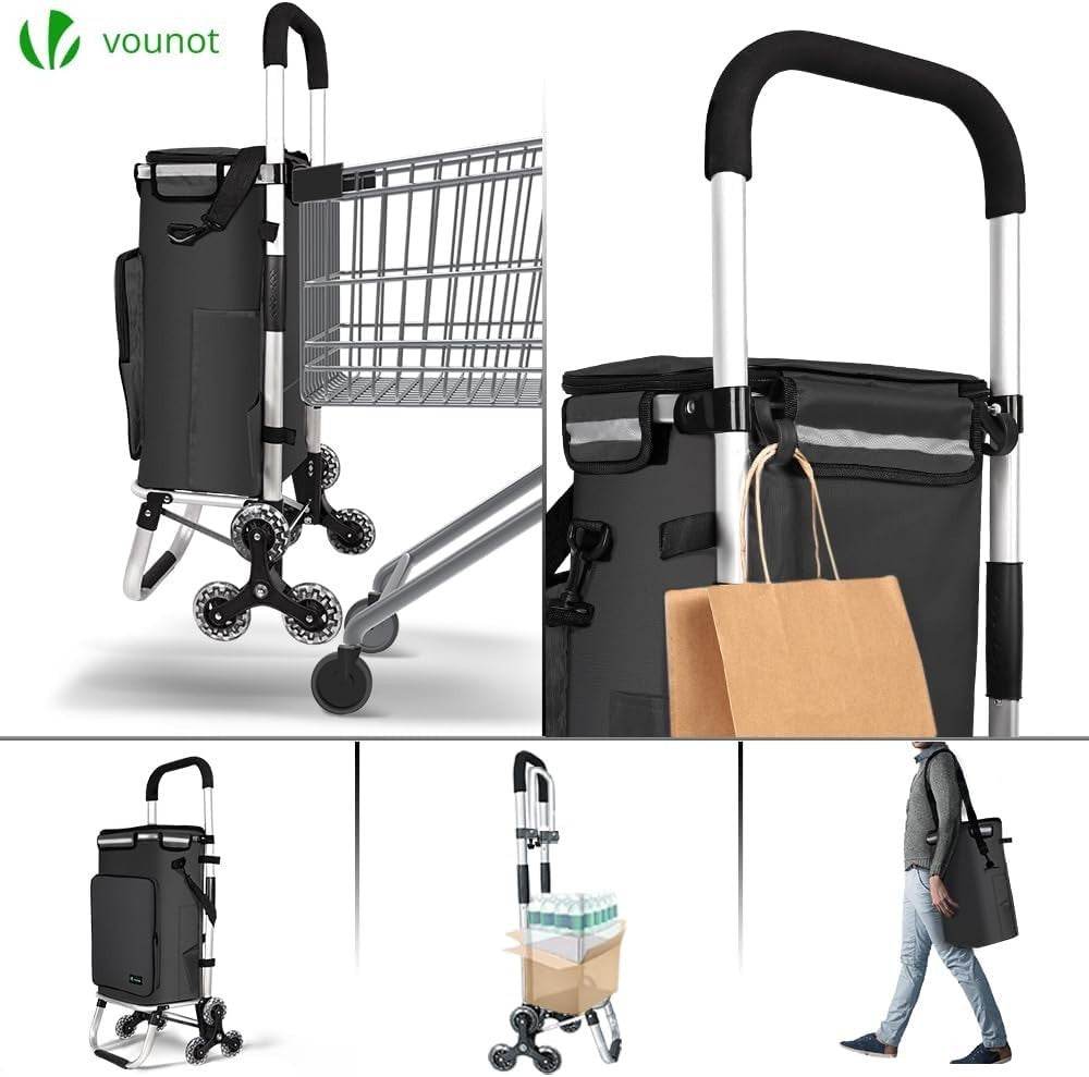 60L Folding 6-Wheel Grocery Cart Black Stair Climbing Shopping Trolley