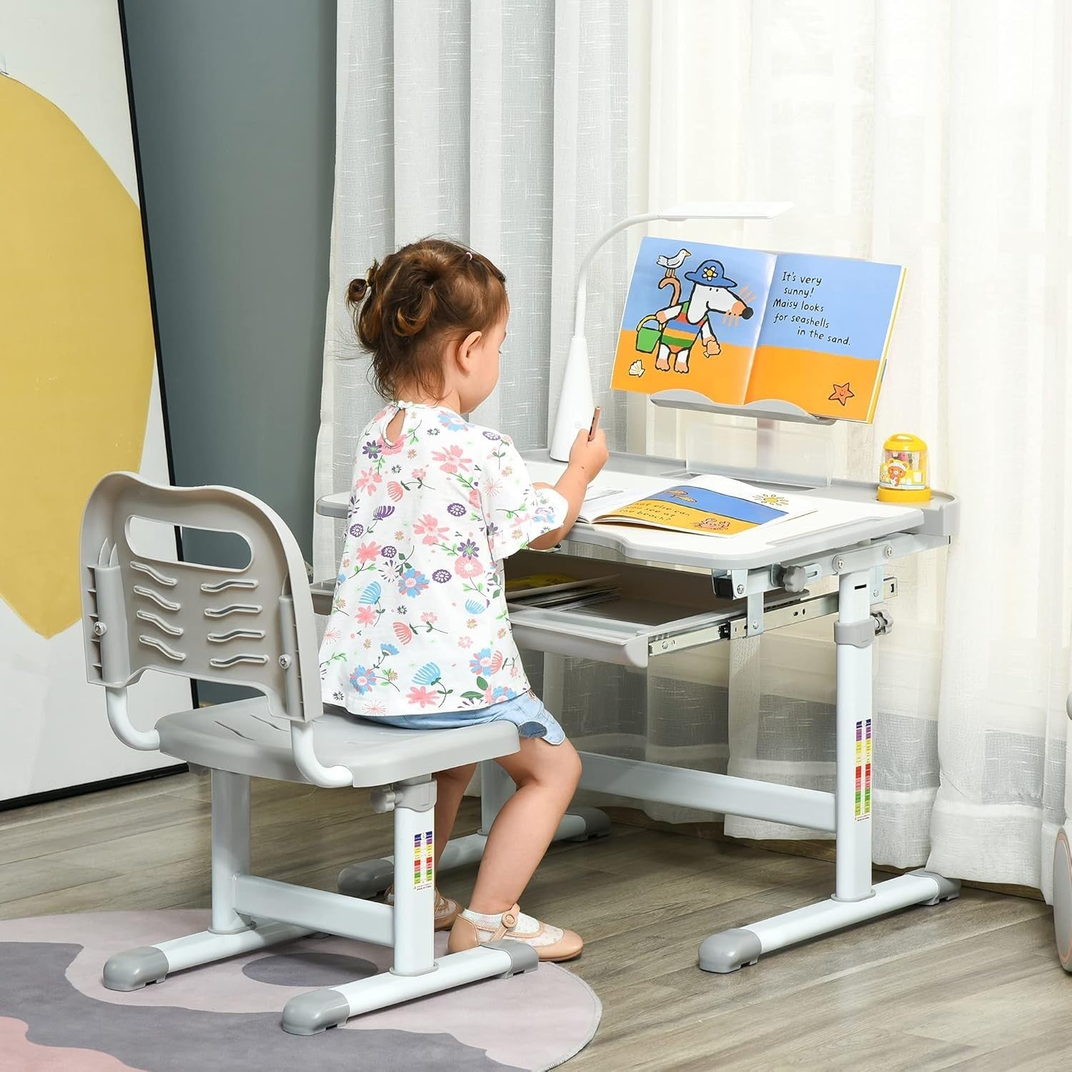 Height Adjustable Kids Study Desk Chair Set with Lamp & Storage Drawer