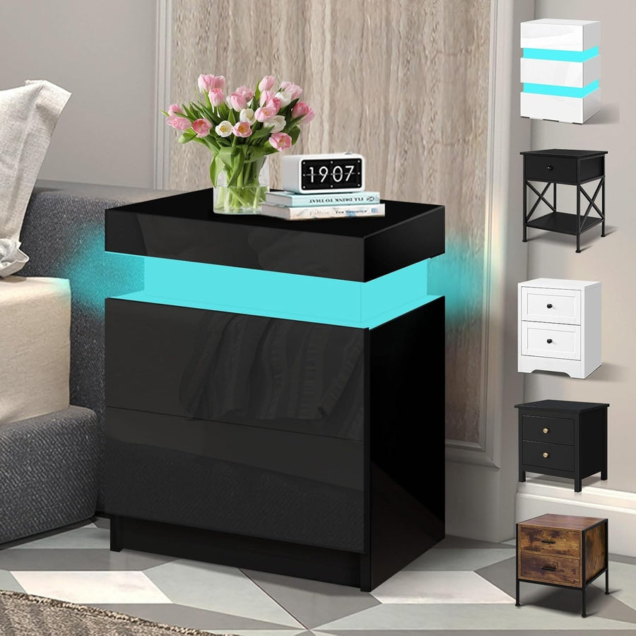 LED Bedside Table with 2 Drawers & RGB Lights | Modern Black