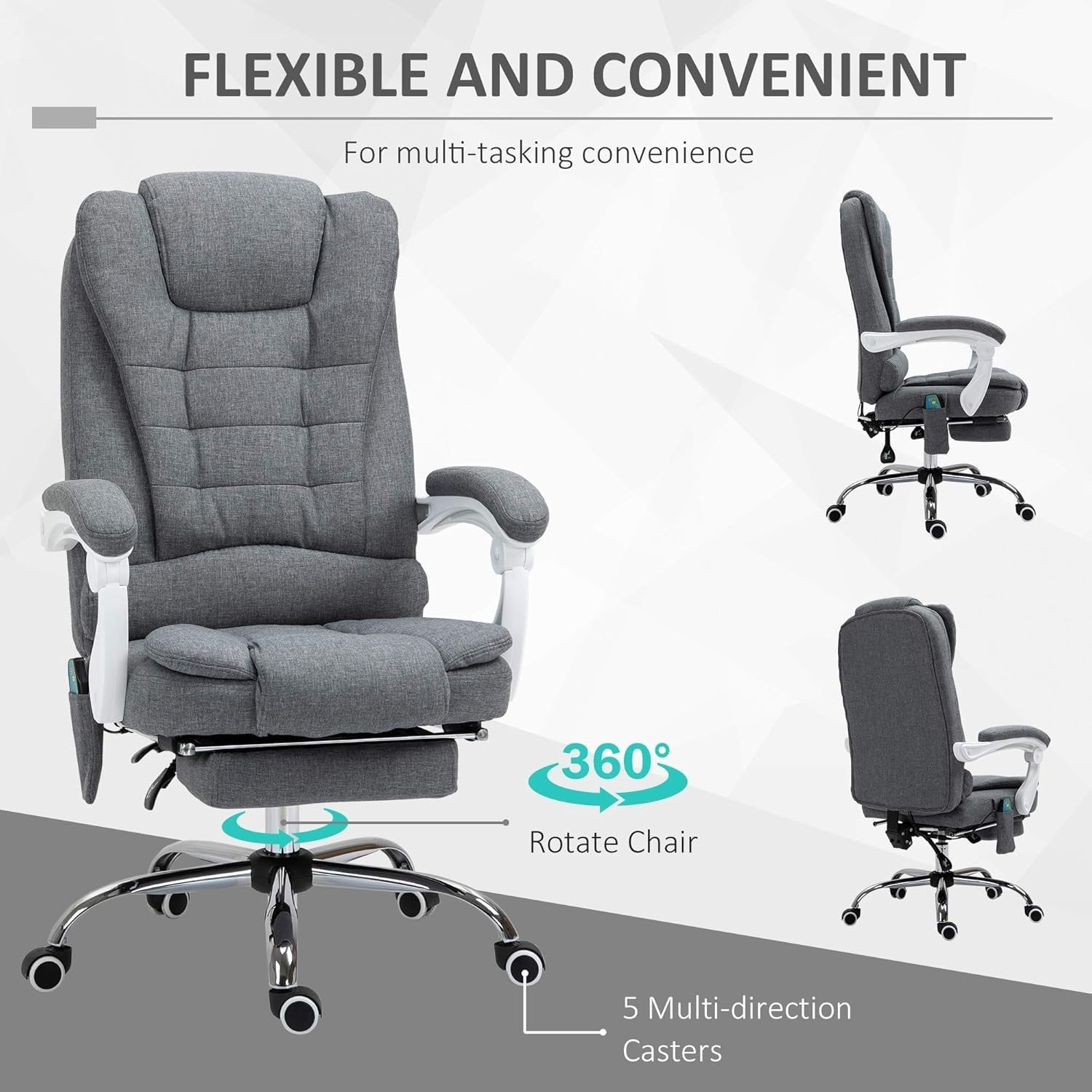 Massage Office Chair Recliner Heated Seat Footrest High Back Home Desk Grey