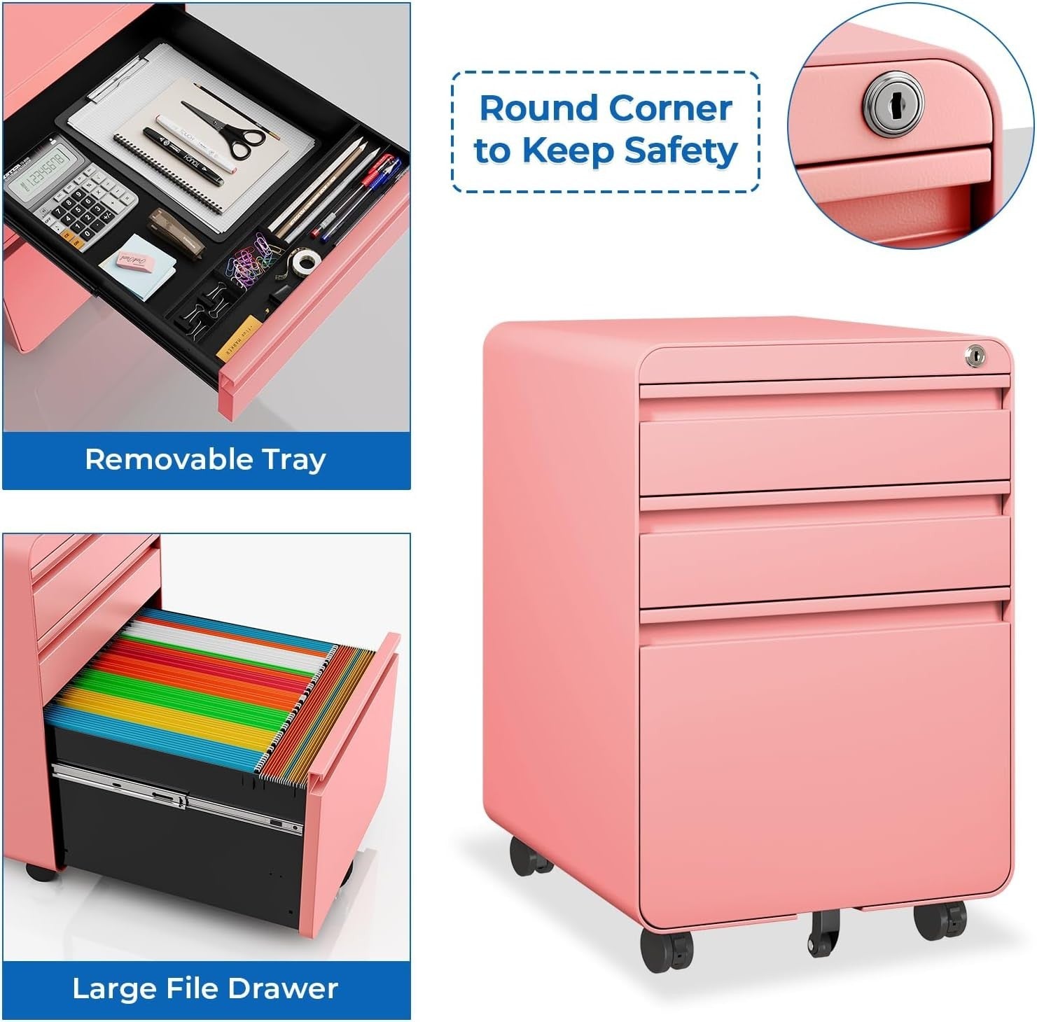 Pink Lockable Metal Filing Cabinet 3 Drawer A4 Anti Tilt on Wheels